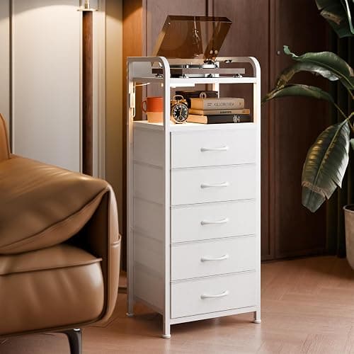 Fixwal Tall Dresser with 5 Drawers for Bedroom, 40 Inch LED Tall Nightstand with Charging Station, Night Stand White Dresser with PU Finish, Bedside Table for Dorm thumbnail 8