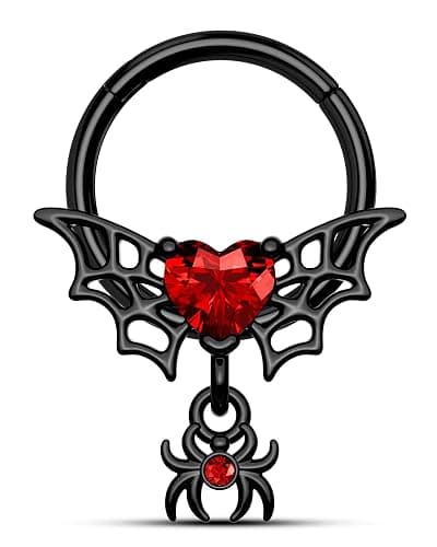 Mooncrush Jewelry Gothic Black Septum Ring 16G Spider Dangle With Red Heart Daith Piercing Jewelry - Stainless Steel - Image 1