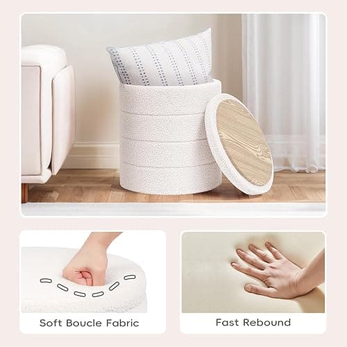 PINPLUS Round Storage Ottoman Foot Rest Stool with Tray Velvet Sherpa Folding Storage Ottoman,Boucle Foot Rest for Living Room, Bedroom, Dorm（White） thumbnail 6
