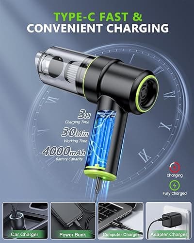 CODN Handheld Car Vacuum Portable Cordless 12000PA, 2 in 1 Handheld Vacuum Cleaner and Air Duster with Multi-Nozzles and LED Light, Mini Hand Held Vacuum Rechargeable for Home, Car, Office, Pet Hair thumbnail 4