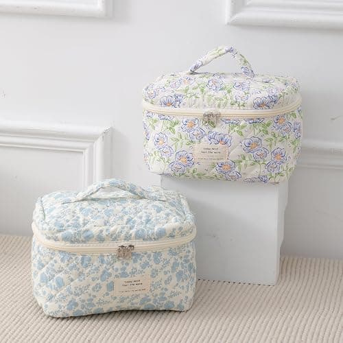 RSRSLEII Large Quilted Makeup Bag for Women and Girls, Cute Coquette Floral Cotton Cosmetic Bag, Aesthetic Travel Organized Toiletry Bags (09Light Blue Flower) thumbnail 2