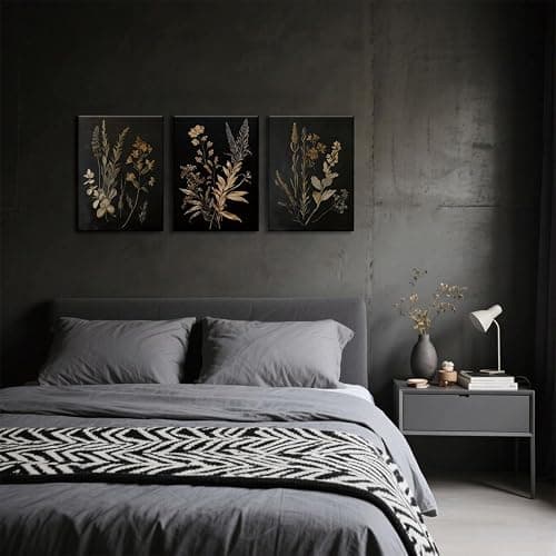 TUEASKY 3 Piece Moody Botanical Canvas Wall Art Vintage Floral Wall Art Boho Dark Flower Decor Black Wildflower Art Prints for Living Room Bedroom 12x16in Framed thumbnail 6