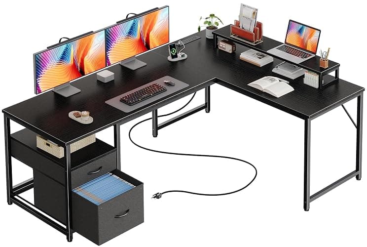 PRAISUN 55 Inch L Shaped Desk with Power Outlets and USB-C Port, Computer Corner Home Office Desk with File Fabric Drawers and Movable Monitor Stand, Larger Storage for Gaming, Work, Black - Image 1