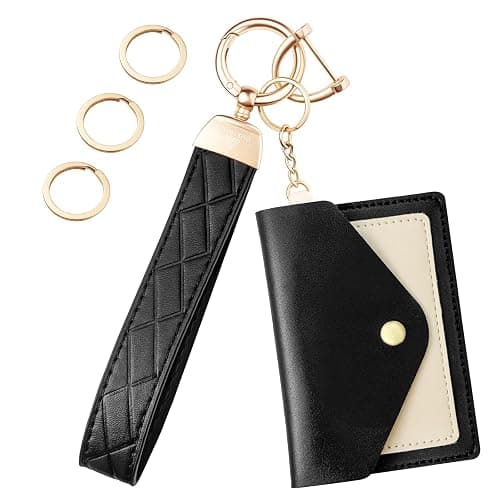 OHKYOOT Leather Wristlet Keychain,Wrist Keychain Car Key Chain with 3 Key Rings,D Ring and Slim Wallet - Image 1