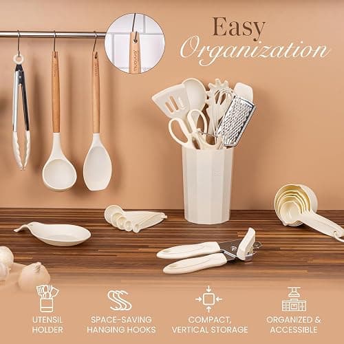 Kitchen Non Stick Cooking Utensils Set – Heat Resistant Silicone Utensils with Wooden Handle – Ladles, Spoons and Spatulas Set – Kitchen Tools & Accessories – 35pcs, Cream – by Nuovva thumbnail 4