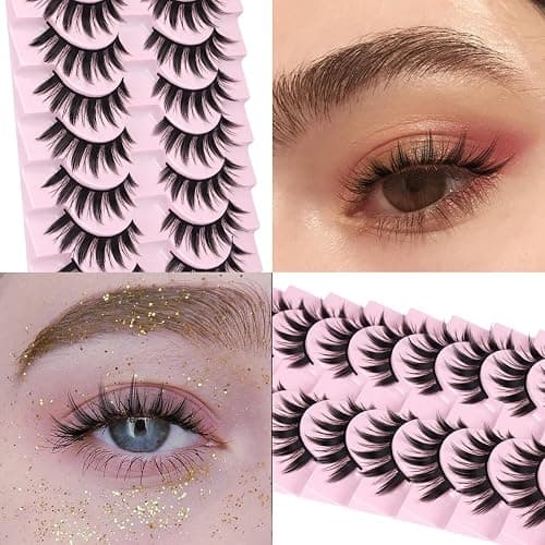 False Eyelashes 10 Pairs Manga Lashes Japanese Style Anime Thick Cosplay Lashes Natural Look 16MM Spiky 8D Wispy Faux Mink Lashes Full Strip Doll Lashes by FANXITON thumbnail 6
