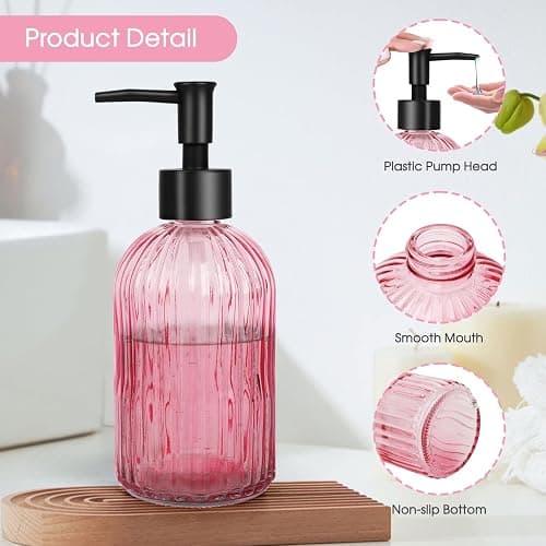 Topsky Stripe Glass Soap Dispenser with Black Plastic Pump, 400ml Liquid Hand Soap Dispenser, Rustproof Pump for Kitchen & Bathroom, Great for Lotions, Essential Oil, Liquid Soaps-Pink thumbnail 5