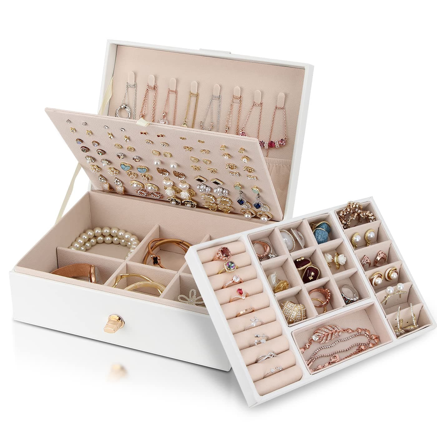 YONZONE Jewellery Box Organiser for Necklace Earrings Bracelets Rings, Large PU Leather Jewelry Storage Case with 3 Stackable Layer, Jewellery Boxes Holder for Women Girls, Faux Leather thumbnail 2