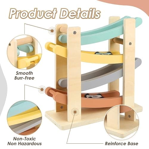 Wooden Car Ramp Toy for 1-2 Year Old Boys & Girls - Click Clack Track with 4 Mini Cars & Toy Garage thumbnail 6