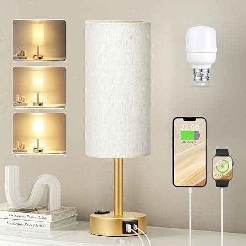 Fenmzee Gold Nightstand Bedroom Lamp - 3 Way Dimmable Bedside Lamp USB C A Charging Ports and AC Outlet, Small Table Lamp Linen Lampshade for Office Desk, LED Bulb Included - Image 1