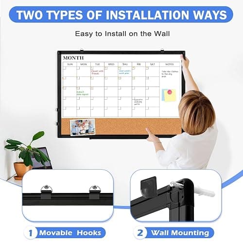 Monthly Calendar Whiteboard Dry Erase Cork Board Combo, 24" x 18" Magnetic Double-Sided Calendar White Board and Bulletin Board with Black Aluminium Frame, Portable Whiteboard for Office, Home, School thumbnail 5