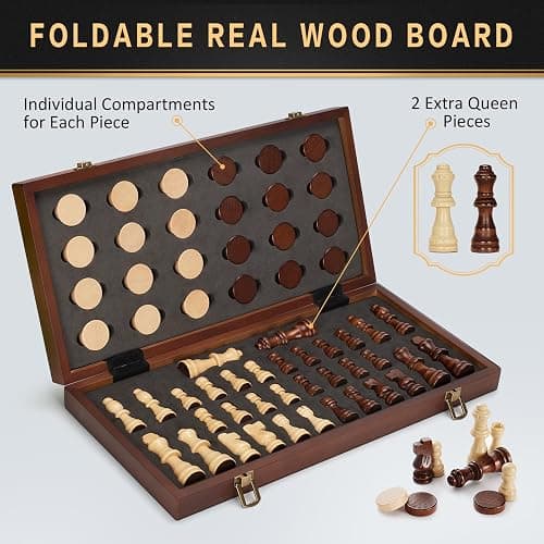 2 in 1 Magnetic Wooden Chess and Checkers Board Game Set, 15" Folding Chess Boards with 2 Extra Queens, Portable Travel Chess Sets with Pieces Storage Slots, Beginner Chess Game Set for Kids, Adults thumbnail 6