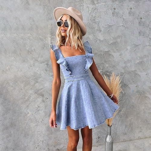 utcoco Denim Dress for Women Ruffle Adjustable Strap Sleeveless Backless Babydoll Mini Jean Dresses thumbnail 4