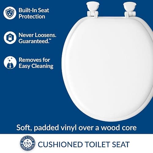 Mayfair Padded Toilet Seat, Cushioned Soft Vinyl over Wood Core Seat, Secure Hinges, Easy Clean, Made in USA, Round, White (Pack of 2) thumbnail 3