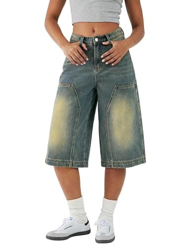EMMIOL Womens Long Jorts Baggy Y2K Mid High Waisted Retro Jean Shorts Trendy Streetwear Wide Leg Denim Bermudas - Image 1