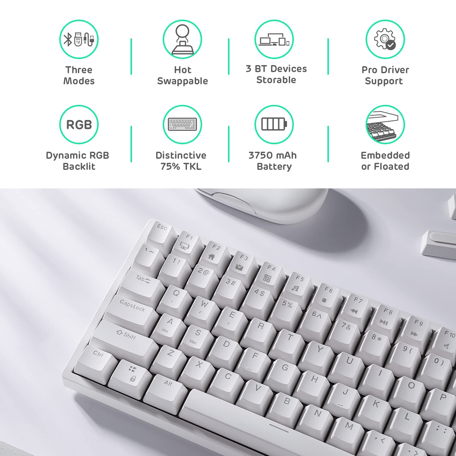 RK ROYAL KLUDGE RK84 Wireless Bluetooth/2.4Ghz 75% RGB Mechanical Gaming Keyboard, Three Modes Connectable Keyboard with Hot-Swappable Quiet Red Switch White thumbnail 2