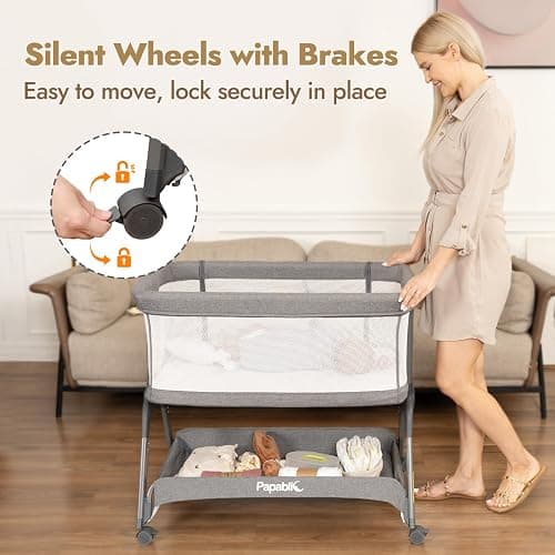 Papablic Baby Bassinet, Bedside Bassinet for Baby with Four-Sided Breathable Mesh & Soft Mattress, Adjustable Bassinet Bedside Sleeper with Storage Basket and Wheels, Easy to Assemble, Gray thumbnail 7