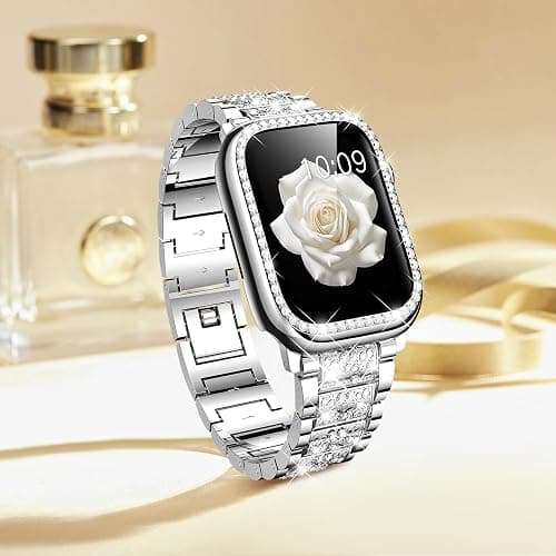 Mosonio Compatible with Apple Watch Band 38mm 40mm 41mm 42mm 44mm 45mm 46mm 49mm with 2 Pack Case Women, Jewelry Replacement Metal Bands Strap with Bling PC Protective Case for iWatch Ultra SE Series 11/10/9/8/7/6/5/4/3/2/1 thumbnail 6