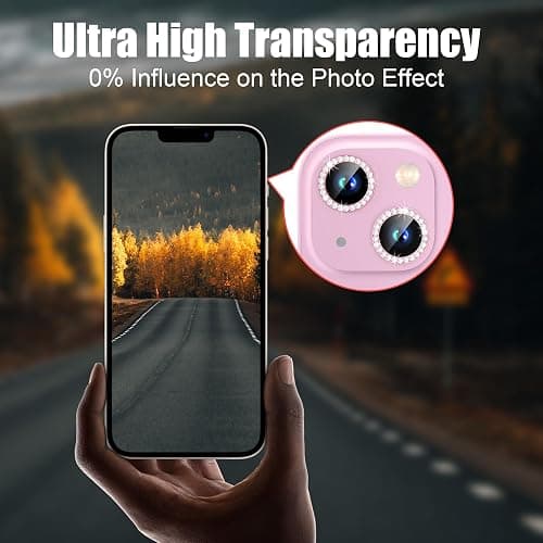 AGVEE 3+3 6 Pack Camera Lens Protector Compatible with iPhone 15/15 Plus, Bling Diamond & Glitter Metal Ring 9H Tempered HD Glass Camera Protector Cover Film, Bling-Pink thumbnail 6