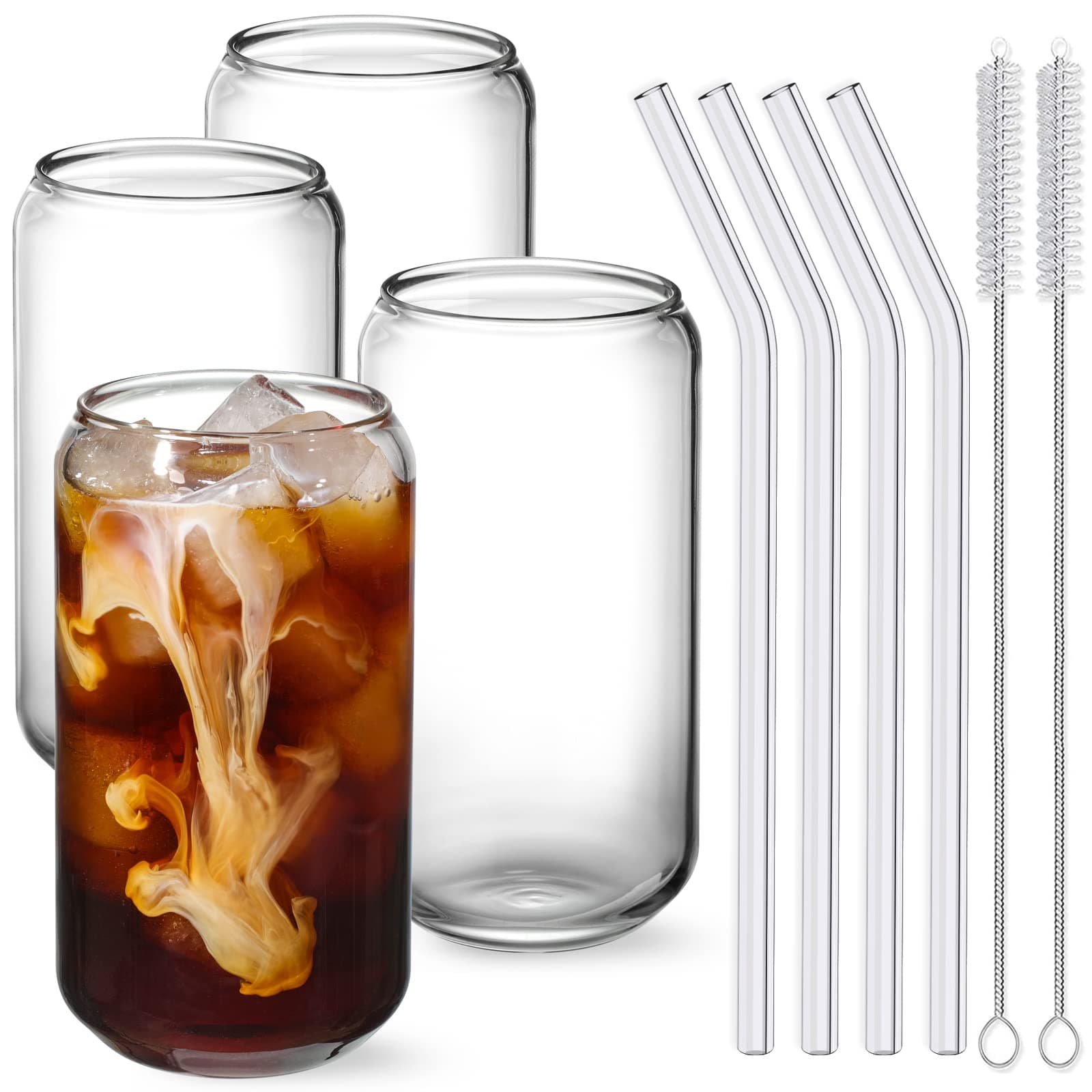 NETANY Drinking Glasses with Glass Straw 4pcs Set - 16oz Can Shaped Glass Cups for Beer, Iced Coffee, Tumbler Cup for Whiskey, Soda, Tea, Water, Gift - 2 Cleaning Brushes - Image 1