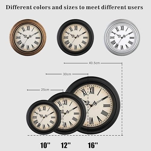 Plumeet Extra Large Retro Wall Clock, 16'' Non Ticking Classic Silent Vintage Wall Clocks Decorative Kitchen Living Room Bedroom, Roman Numerals, Battery Operated, Black thumbnail 3