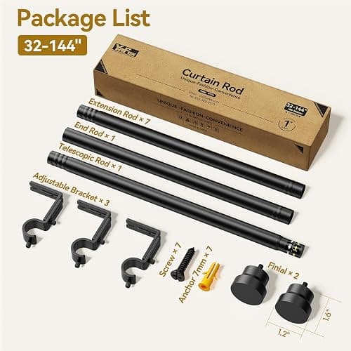 YaFex Curtain Rods 32-144 Inch, Heavy Duty 1 Inch Adjustable Curtain Rod for Windows, Black Extra Long Window Treatment Rods, Modern Design, Easy Installation thumbnail 7