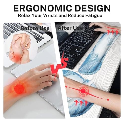 Arttown Blue White Gradient Desk Mat Abstract Ocean Marble Mouse Pad Set 4 in 1 Ergonomic Design Large Mousepad + Keyboard Wrist Rest + Mouse Wrist Rest + Coaster Suitable for Home Office Study Game thumbnail 4