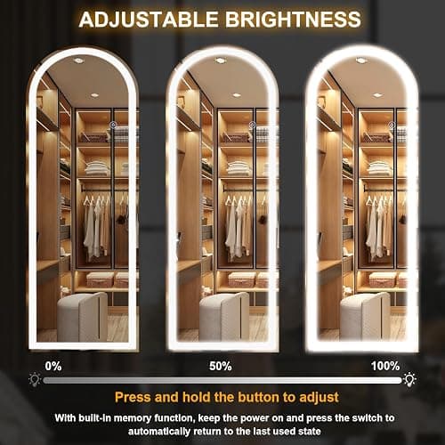 Koonmi 165x60 cm Arched LED Full Length Mirror with Lights, Light-adjustable Full Body Mirror with Stand Equipped with Touch Buttons, White thumbnail 6