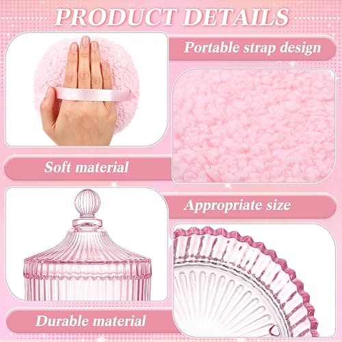 Ferrochef Extra Large Body Powder Puff and Container, 5.5'' Crystal Container with 5.3'' Oversize Dust Powder Puff Washable Reusable Face Body Glitter Wet Dry Makeup Gift(Pink) thumbnail 3