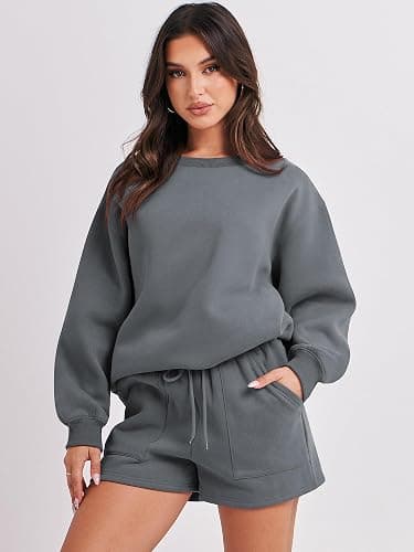 ANRABESS Women 2 Piece Outfits Sweat Shorts Sets 2025 Oversized Casual Lounge Matching Set Sweatsuit Tracksuit Fall Clothes thumbnail 2