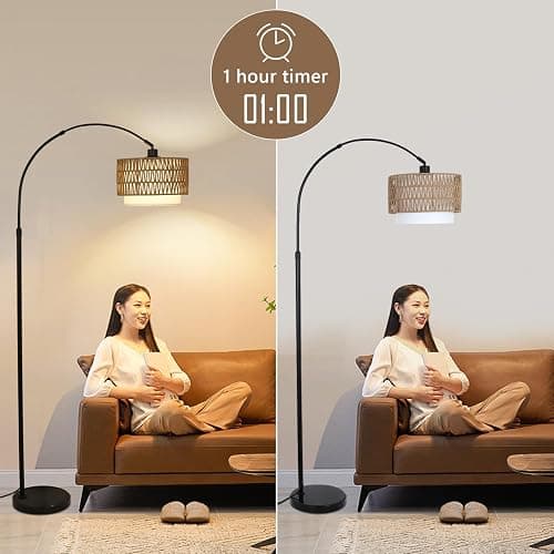 eyassi Arc Floor Lamp with Remote, Modern LED Floor Lamp with Dimmable Bulb, Boho Farmhouse Standing lamp with Fabric & Rattan Lampshades, Height Adjustable Black Tall Lamp for Living Room Bedroom thumbnail 7