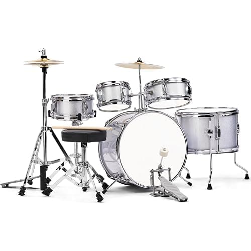 EPOFIT 14-Inch Kids Drum Set, 5-Piece Junior Beginner Drum Set for Kids with Cymbals, Adjustable Stool, Two Pairs of Drumsticks, Pedal & Screw Wrench – Silver - Image 1