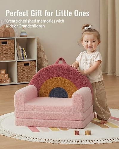 Blissful Diary Foldable Toddler Couch, 2-in-1 Comfy Toddler Chair & Lounger for Reading, Playroom, Kids Couch Sofa for Girls Boys Birthday Gift, Blush Rainbow thumbnail 3