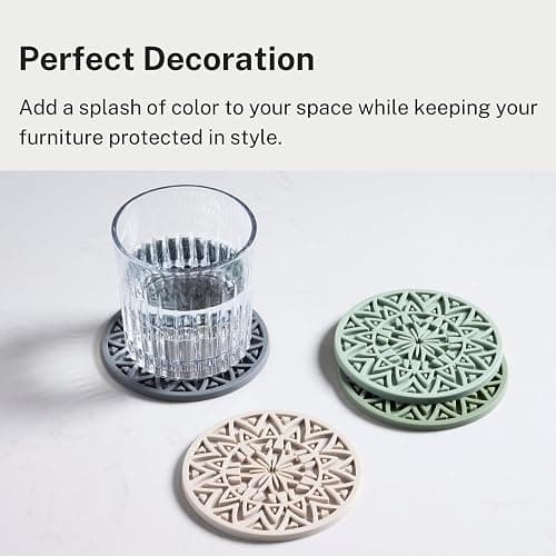 Hoomey Set of 6 Sage Green Silicone Coasters with Holder, Drink Coasters with Tribal Pattern Shape- for Table Protection, Anti Slip, Nonstick, Heat Resistant, Deep Tray thumbnail 5