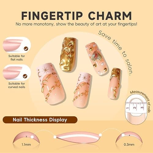 HOSAILY Gold Star Moon Press On Nails Medium Square - Semi-Handmade Fall Autumn/New Year Y2K Luxury False Fake Nail for Women, Gold Metal Heart Charms Design-24Pcs Durable Flexible Full Kit with Tools thumbnail 4