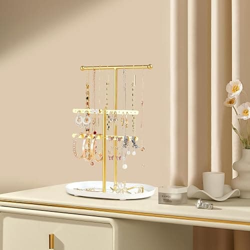 Elegant Jewelry holder Organizer 2-Tier Display Storage Stand for Earrings Necklaces with Ring Tray Spacious and Durable, Easy to Assemble White & Gold thumbnail 2