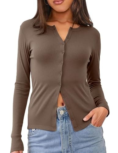 Gleenat Womens Ribbed Long Sleeve Button Down Up Shirts Lightweight Regular Length Cardigan Going Out Fall Tops XS-XL - Image 1