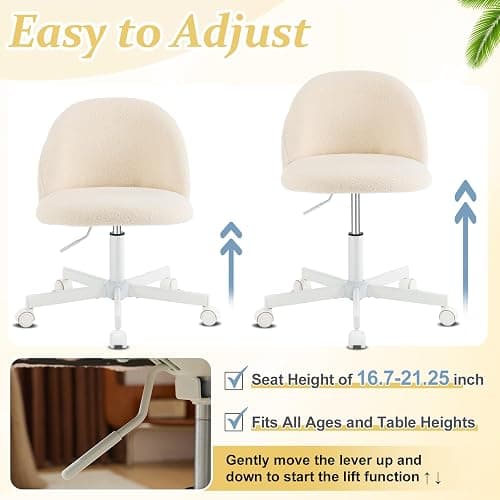 VINGLI Candy Chair Armless Cute Desk Chair,Comfy Small Office Chair with Wheels,Vanity Chair Lumbar Support,Teddy Adjustable Rolling Swivel Computer Task Chair for Home Office,Bedroom,Creamy Beige thumbnail 5