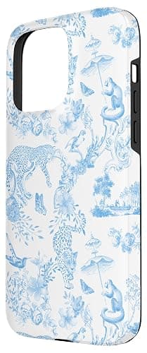 iPhone 15 Pro Max French Light Blue Toile Chinoiserie with Flowers, Leopards Case thumbnail 2