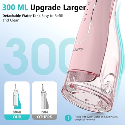 Leominor Water Flosser Pick for Teeth, 300ML Portable Oral Irrigator Upgraded Tank Removable,IPX7 Waterproof, Rechargeable Travel Teeth Cleaner, Professional Electric Flossing Machine (Pink) thumbnail 2