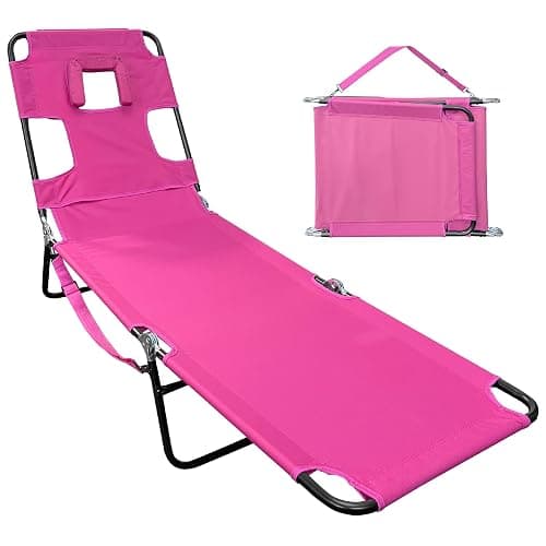 Face Down Tanning Chaise Lounge Chair - Face & Arm Holes - 2 Legs Support - Polyester Material – Backrest Positions - Head Rest Pillow - Beach or Home Use - Read and Tan - Pink Stripes Pattern - Image 1