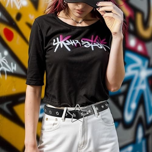 MILAKOO Punk Leather Waist Belt for Women Vintage Accessories for Hippie Skateboarding Enthusiasts - I: Black-star - One Size thumbnail 4