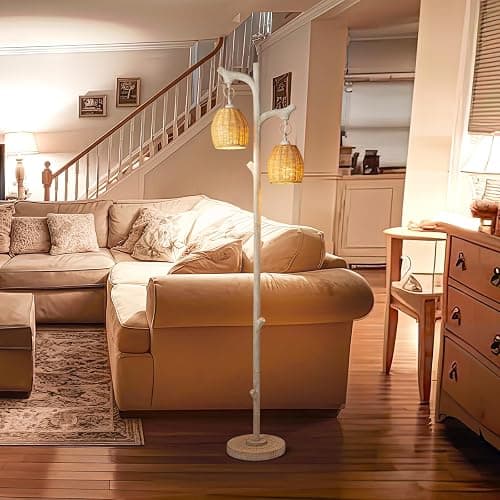68" High Farmhouse Rustic Country Cottage Floor Lamp Tree Trunk Faux Wood Column White Washed Wicker Drum Shade Decor for Living Room Bedroom Reading Room thumbnail 4