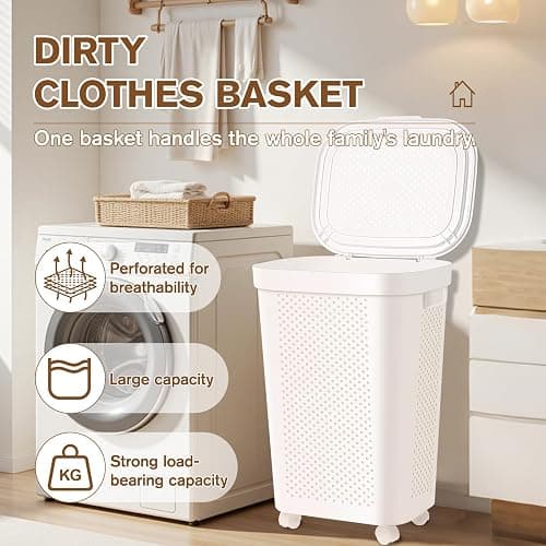 Ultra Wheeled Laundry Hamper with Lid, Suspended basket，Handle and Wheels for Easy Rolling of Clothes to and from The Laundry Room, Plastic（White） thumbnail 3