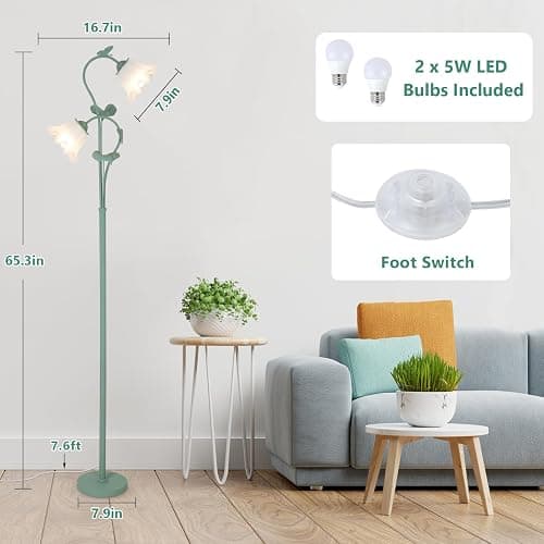HMVPL Flower Floor Lamp for Living Room, Vintage Floor Lamp with 2 LED 5W Blubs, Foot Switch, Green Standing Lamp with Acrylic Shade, Unique Floral Tall Lamp for Living Room Bedroom Corner Office thumbnail 5
