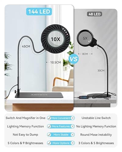 ARTDOT 10X Magnifying Glass with Light and Stand, 144 LEDs Desk Lamp with 5 Color Temperatures and 9 Levels Adjustable Brightness for Diamond Painting Accessories Crafts Reading Hobbies Close Work thumbnail 5