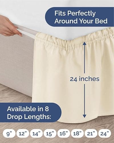 Wrap Around Dust Ruffle Bed Skirt - Off White - for Queen Size Beds w/ 24 Inch Drop - Easy Fit Elastic Strap - Adjustable Pleated Bedskirt w/Brushed Fabric - Wrinkle Free - Women, Men, Kids & Teens thumbnail 2