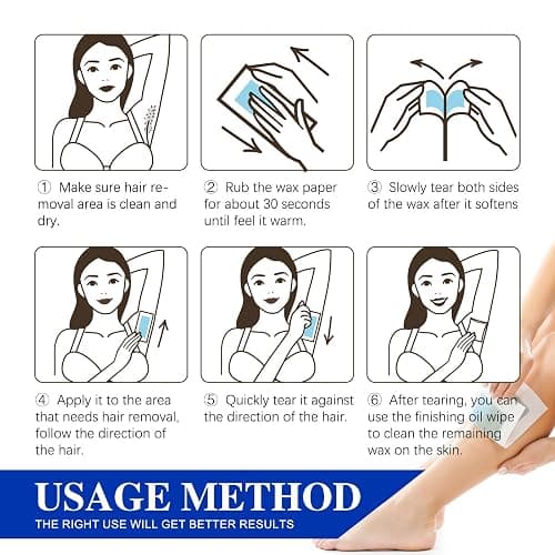 Wax Strips - (60 Count), 10 Calming Oil Wipes Hypoallergenic For Hair Removal, For Women and Men, Face Waxing Kit For Women, Body Wax Strips - Brazilian Waxing, Suitable For All Skin Types. thumbnail 5
