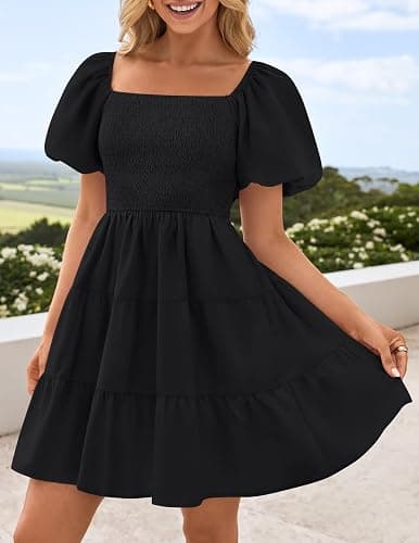 ZESICA Women's Boho 2025 Summer Square Neck Puff Sleeve Off Shoulder Smocked Tiered Casual A Line Short Mini Dress thumbnail 2