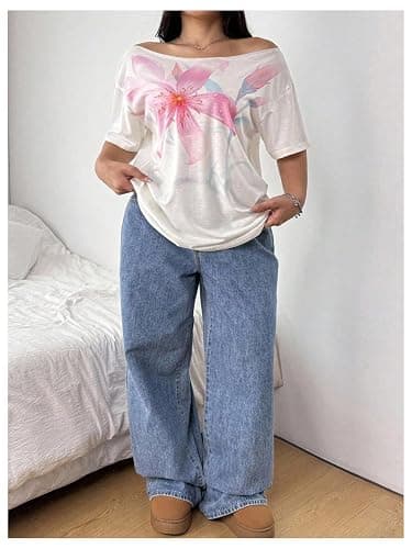 SHENHE Women's Plus Size Off The Shoulder Floral Print Summer Tshirts | Hibiscus Floral Print,Short Sleeve,Summer Tee Tops thumbnail 4